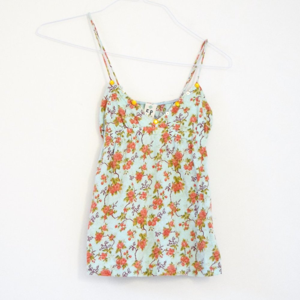 FREE PEOPLE Light Blue Beaded Floral Print Babydoll Tank Top | Size XS